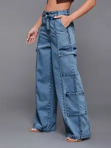 Miss Chase Women Wide Leg High-Rise Low Distress Stretchable Jeans