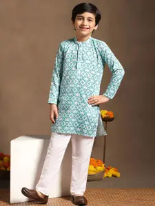 BAESD Boys Ethnic Motifs Printed Band Collar Sequinned Straight Kurta With Trouser