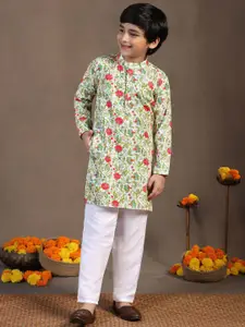 BAESD Boys Floral Printed Band Collar Straight Kurta With Pyjama