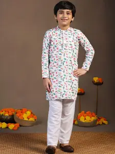 BAESD Boys Floral Printed Band Collar Sequinned Straight Kurta With Trouser