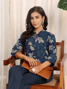 Varanga Women Floral Printed Mandarin Collar Pure Cotton Kurti