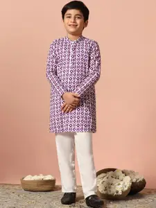 BAESD Boys Geometric Printed Band Collar Straight Kurta With Pyjama