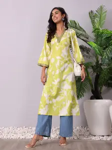 Varanga Women Floral Printed V-Neck Sequinned Cotton Straight Kurta
