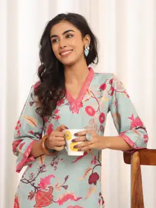 Varanga Floral Printed V-Neck Sequinned Cotton Straight Kurta