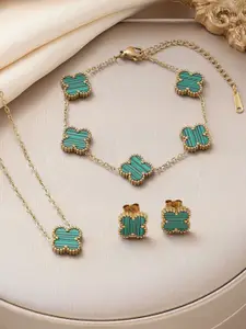 MEENAZ Gold Plated Stone Studded Anti Tarnish Stainless Steel Necklace Earrings Bracelet