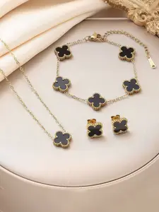 MEENAZ Gold Plated Stone Studded Anti Tarnish Stainless Steel Necklace Earrings Bracelet