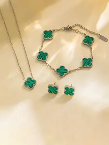 MEENAZ Gold Plated Stone Studded Anti Tarnish Stainless Steel Necklace Earrings Bracelet