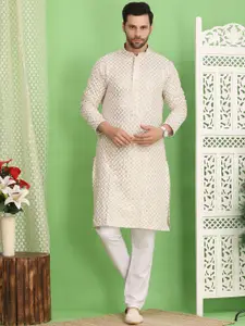 Larwa Men Floral Embroidered Mandarin Collar Chikankari Pure Cotton Kurtas