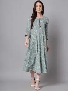 all about you Floral Printed Round Neck Pure Cotton Midi A-line Kurta