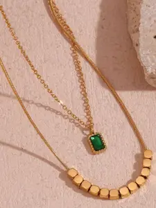 AQUASTREET 18K Gold Plated Waterproof Antitarnish Green Zircon Pendant Layered Chain