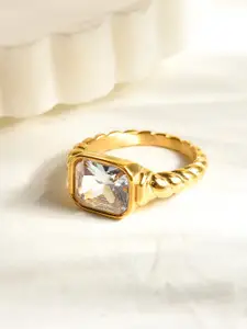 AQUASTREET 18K Gold Plated Stone Studded Waterproof Antitarnish Titanium Steel Finger Ring