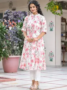 ARAVALII Floral Printed Band Collar Roll-Up Sleeves Screen Printed A-Line Kurta