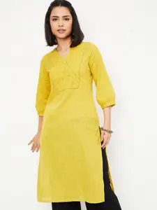 max Floral Yoke Design V-Neck Puff Sleeves Cotton Straight Kurta