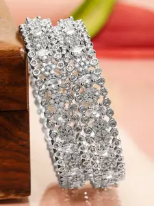 Rubans Rhodium-Plated Silver-Tone Cubic Zirconia Studded Premium Bangles