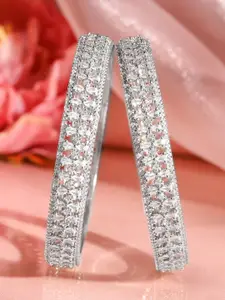 Rubans Set of 2 Rhodium-Plated Silver-Tone Cubic Zirconia Studded Elegant Bangles Set