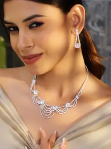 Rubans Rhodium-Plated Cubic Zirconia Studded Elegant Necklace & Earrings Set