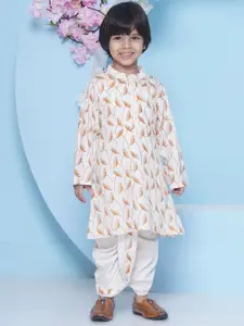 Sethukrishna Boys Floral Printed Band Collar Straight Kurta With Dhoti Pant
