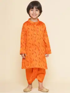 Sethukrishna Boys Floral Printed Band Collar Straight Kurta With Dhoti Pant