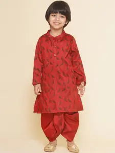 Sethukrishna Boys Floral Printed Band Collar Straight Kurta With Dhoti Pant