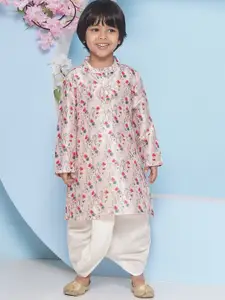 Sethukrishna Boys Floral Printed Band Collar Straight Kurta With Dhoti Pant