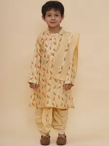 Sethukrishna Boys Floral Printed Band Collar Straight Kurta With Dhoti Pant & Dupatta
