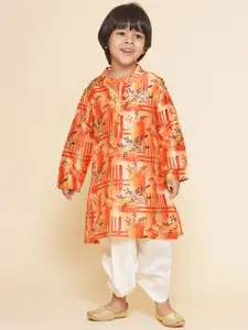 Sethukrishna Boys Floral Printed Band Collar Straight Kurta With Dhoti Pant