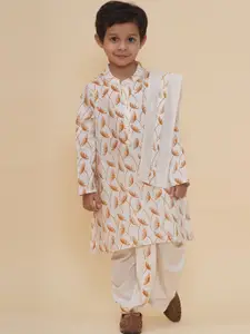 Sethukrishna Boys Floral Printed Band Collar Straight Kurta With Dhoti Pant & Dupatta