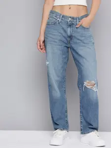 Levis Women Straight Fit Highly Distressed Light Fade Jeans
