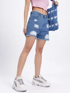glitchez Women Mid-Rise Highly Distressed Slim Fit Denim Shorts