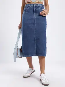 glitchez Back Slit Denim Midi Straight Skirt