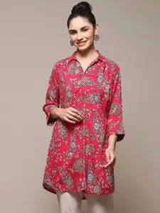 Biba Floral Printed Shirt Collar Flared Sleeves Kurtis