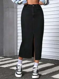 AAHWAN Women Straight Midi Denim Skirt