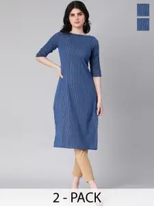 KALINI Selection Of 2 Striped Boat Neck Straight Kurtas
