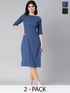 KALINI Selection Of 2 Striped Thread Work Round Neck Straight Kurtas