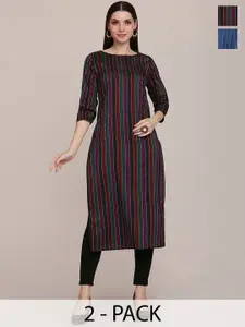 KALINI Selection Of 2 Striped Sequence Round Neck Straight Kurtas