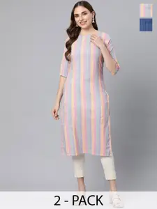 KALINI Selection Of 2 Striped Sequence Round Neck Straight Kurtas