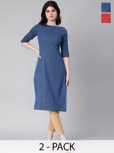 KALINI Selection Of 2 Striped Boat Neck Straight Kurtas