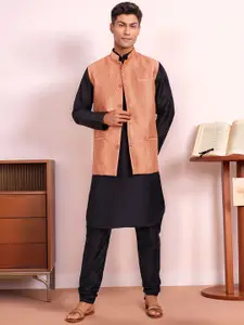 Moda Rapido Woven Design Mandarin Collar Straight Kurta With Pyjamas & Nehru Jacket