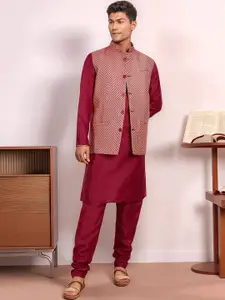 Moda Rapido Woven Design Mandarin Collar Straight Kurta With Pyjamas & Nehru Jacket