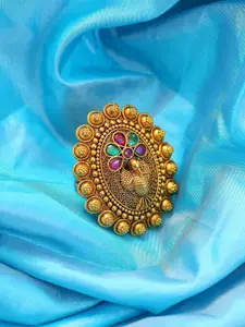 Exotic India Peacock Design Oval Shape Adjustable Ring with Studded Stone