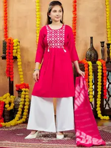 BAESD Girls Floral Embroidered Cotton Pleated Round Neck A-Line Kurta