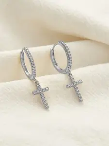 Peora Silver-Plated Cubic Zirconia Studded Contemporary Shaped Drop Earrings