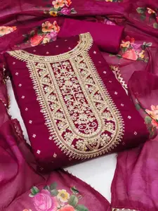 HMP Fashion Floral Embroidered Sequinned Jacquard Chanderi Unstitched Dress Material