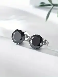 Peora Silver-Plated Black Stone Studded Circular Shaped Studs