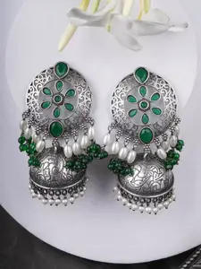Adwitiya Collection Silver-Plated Stones Studded and Beaded Circular Oxidised Jhumkas