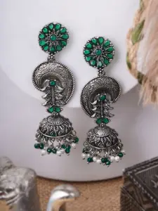 Adwitiya Collection Silver-Plated Stones Studded And Beaded Classic Oxidised Drop Earrings