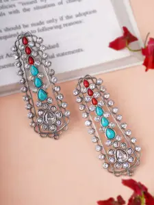 Adwitiya Collection Silver-Plated Stones Studded Classic Oxidised Drop Earrings