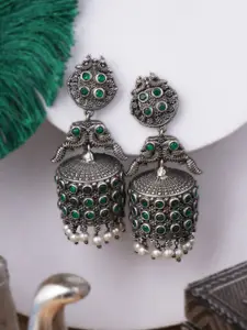 Adwitiya Collection Silver-Plated Stones Studded Peacock Shaped Oxidised Jhumkas