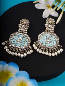 Adwitiya Collection Gold-Plated Stones Studded & Beaded Contemporary Shaped Drop Earrings