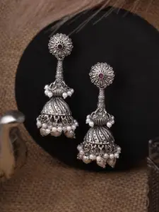Adwitiya Collection Silver-Plated Stones Studded & Beaded Dome Shaped Jhumkas